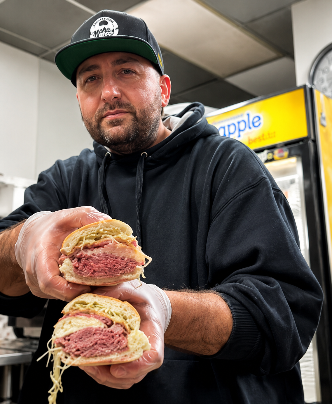 Charlie behind the counter holding a fresh sandwich